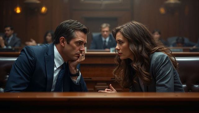 Two attorneys leaning and conferring at courtroom counsel table during trial
