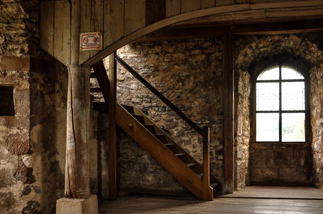 Old Vintage Stone Building Interior with Wooden Stairs - Download Free Stock Photos Pikwizard.com