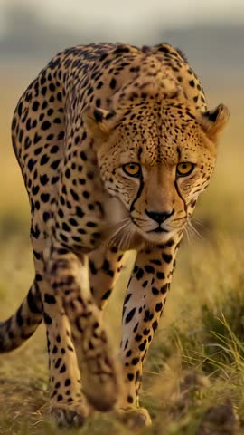 Vertical cheetah video walking toward camera across golden savanna, intense stare