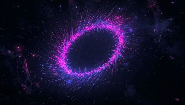 Mystical neon ring in deep space with asteroids and nebula