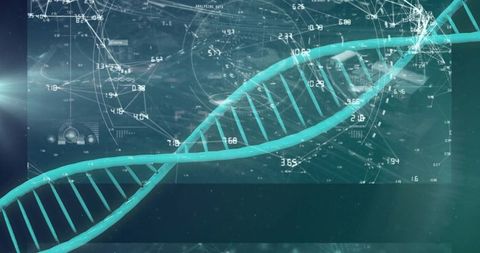 Futuristic DNA Double Helix with Digital Data Elements
