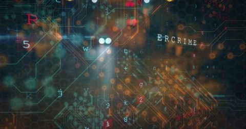 Holographic cybercrime network mapping showing circuit traces, hex grid and glowing glyphs