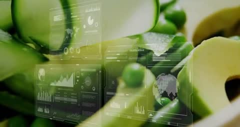 Futuristic Digital Visualization of Sliced Avocado and Peas with Data Analytics