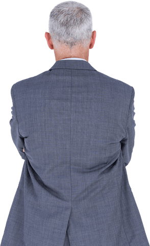 Senior businessman rear view in gray suit on transparent background