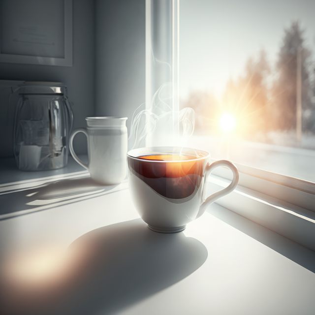 Steaming Coffee Cup by Sunlit Window in Morning Light - Download Free Stock Images Pikwizard.com