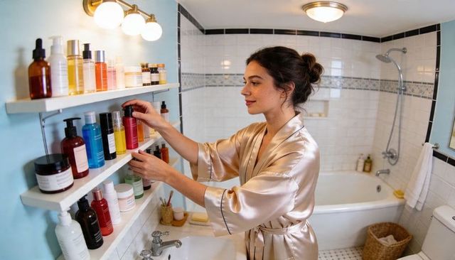 Woman in satin robe organizing skincare bottles on bathroom vanity shelves morning routine