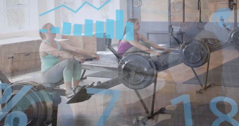 Data processing overlay on diverse people exercising in modern gym