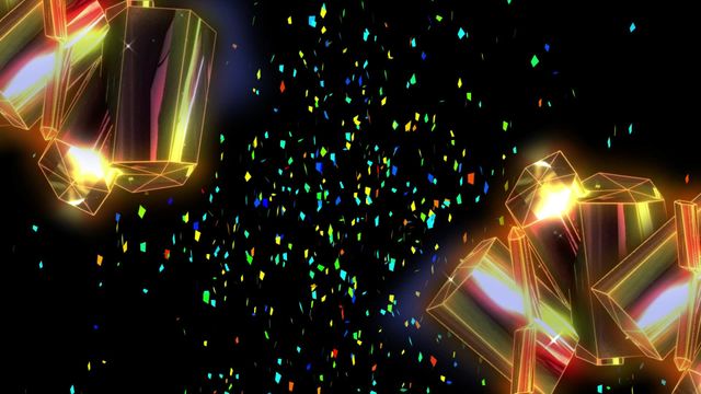 Dynamic combination of neon diamonds and multi-colored confetti against a black background creates a lively and futuristic visual. Perfect for use in festival and celebration themes, digital backgrounds, music videos, and promotional materials. The vibrant colors and lively movement evoke a sense of joy and excitement.