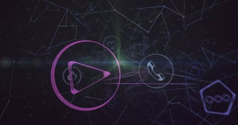 Digital Network Interface with Play and Call Icons over Abstract Background