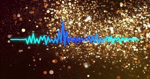 Glowing cyan-blue audio waveform pulsing across gold bokeh background for music visuals