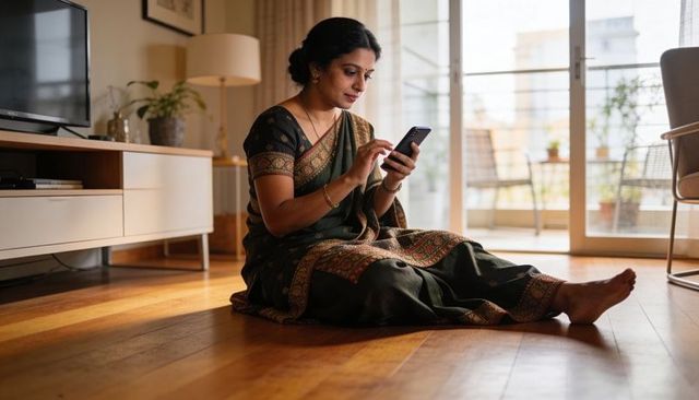 Woman in traditional saree using smartphone on warm hardwood living room floor by balcony