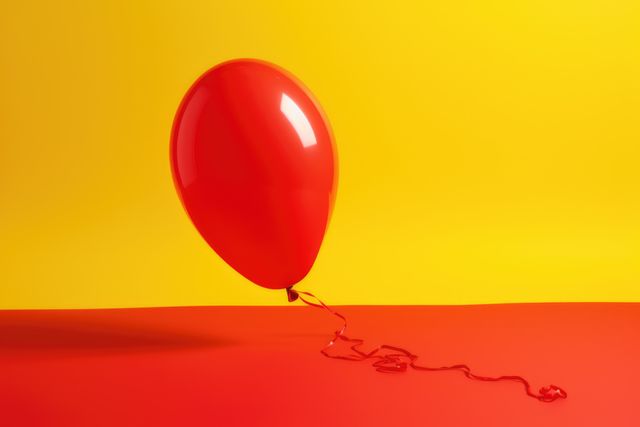 Visual of a single red balloon floating with a twisted ribbon on a vivid yellow and red background. Ideal for themes involving celebration, joy, or minimalist design. Suitable for marketing materials, social media graphics, and festive invitations.