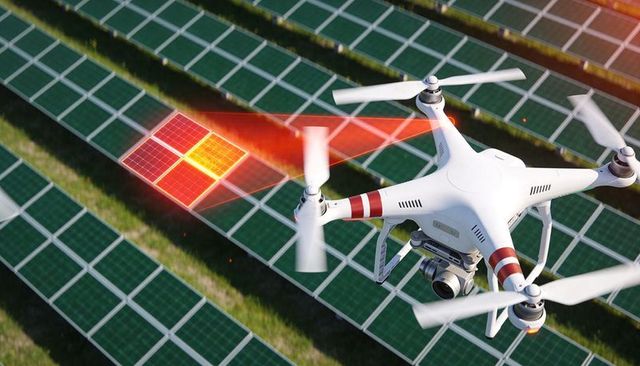 Aerial drone inspecting solar farm detecting thermal hotspot with infrared scan