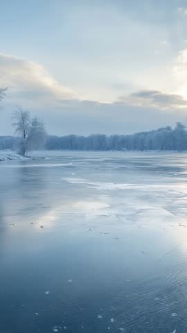 Vertical tilt shot of frozen lake at sunrise with frosted shoreline and solitary tree