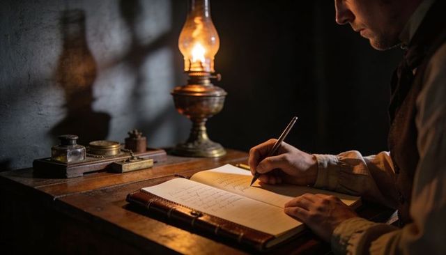 Writing Man in Vest Leaning Over Desk with Oil Lamp, Leather Journal and Inkpot