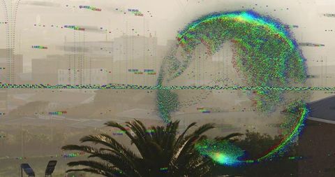 Glitch Halo Distorting Rooftop Cityscape with Palm Fronds, Lounge Chairs and RGB Scanlines