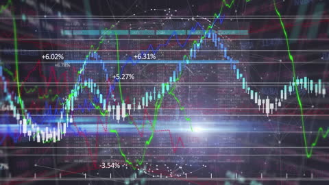 Complex Data and Financial Charts Overlaid on a Server Room
