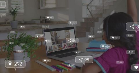 Girl raising hand joining online class at home with laptop video call and engagement icons