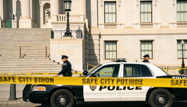 Marked police cruiser blocked by yellow tape with uniformed officers patrolling courthouse steps