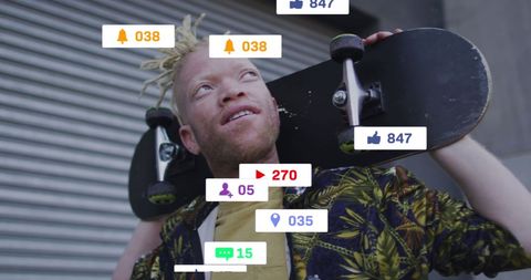 Albino Man Posing with Skateboard and Social Media Notifications in Urban Setting