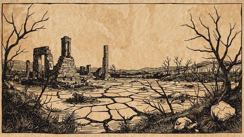 Desolate earthquake ruins with cracked earth and columns