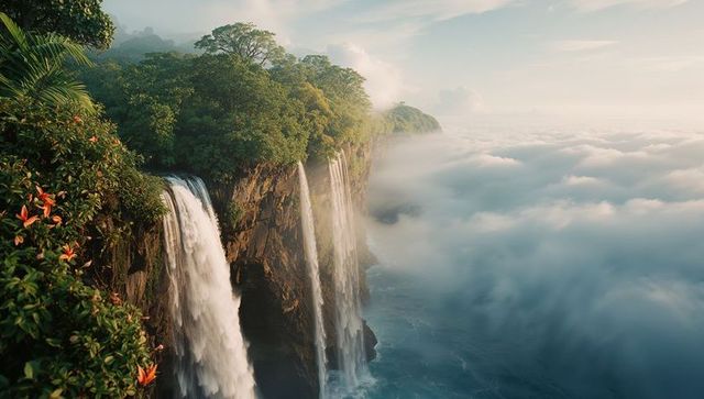 Majestic Waterfall Cascading From Lush Cliffs Into Misty Sea