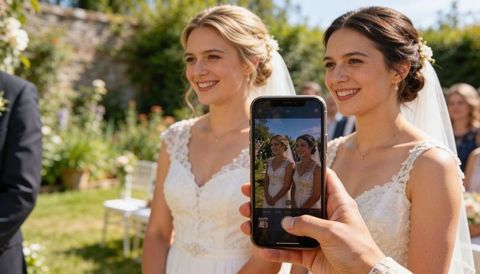 Two brides smiling in lace gowns and veils posing for smartphone at outdoor garden wedding