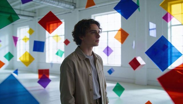 Young man standing among colorful translucent geometric panels in minimalist gallery