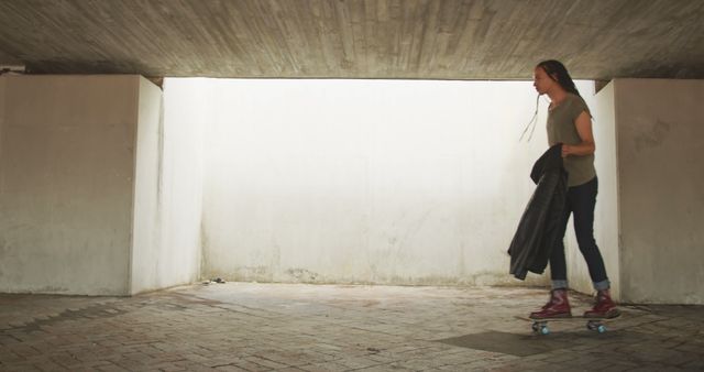 Woman Skateboarding Under Concrete Structure Holding Jacket - Download Free Stock Images Pikwizard.com