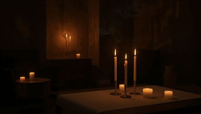 Candlelight glow on low table with tall tapers and votive candles creating cozy ambience