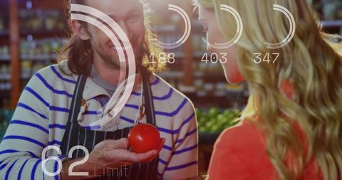 Local vendor presenting tomato to customer at farmers market with digital HUD overlay