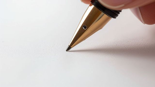 Closeup macro of gold fountain pen nib writing on textured paper with soft shadow