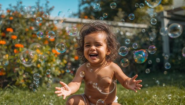 Sunlit toddler laughing and reaching for soap bubbles on backyard lawn with orange flowers