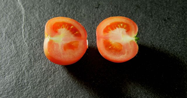 Two halves of a ripe tomato are placed on a dark surface, showcasing the seeds and inner structure of the fruit. Tomatoes like these are commonly used in various cuisines worldwide for their flavor and nutritional value.