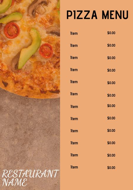 This modern pizza menu template features a high-quality image of an avocado-topped pizza slice on the left and a customizable menu list on the right. Suitable for restaurants, cafes, and pizzerias looking for contemporary, visually appealing menus. Ideal for digital or printed formats.