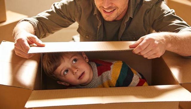 Father lifting box lid revealing son hiding in moving box during home unpacking