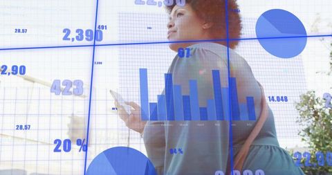 Businesswoman Analyzing Data Graphs at Bus Stop with Smartphone