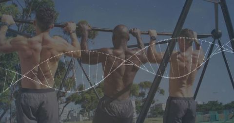 Three shirtless men doing pull-ups on outdoor rig in park