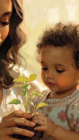 Vertical video: mother nurturing toddler touching seedling by sunlit window parenting