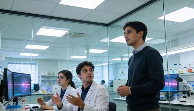 Young Scientists Collaborating on Data Visualization and Analysis in High-Tech Laboratory