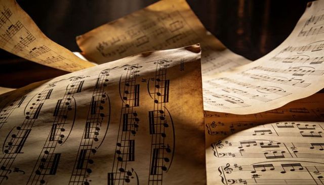 Aged sheet music bathed in warm light featuring vintage scores, creases and parchment texture