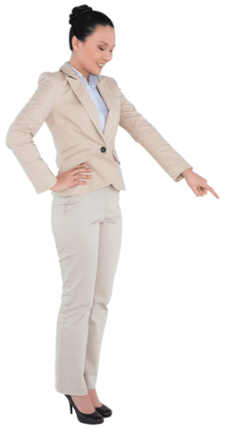 Transparent Happy Asian Businesswoman Pointing Down