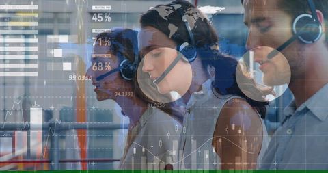 Global Business: Call Center Team with Financial Data Visualization
