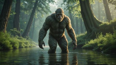 Mystical creature wading through sunlit forest stream