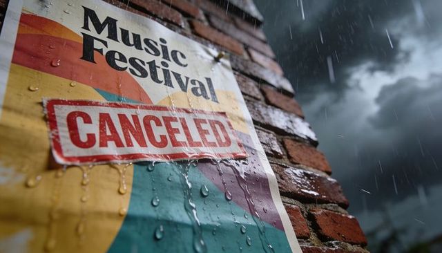Rain-soaked music festival poster with canceled stamp on brick wall during storm