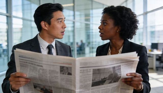 Asian man and black woman holding newspaper discussing headlines in glass office