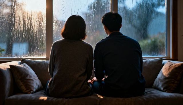 Couple sitting on couch watching rain through window at home in warm cozy evening light
