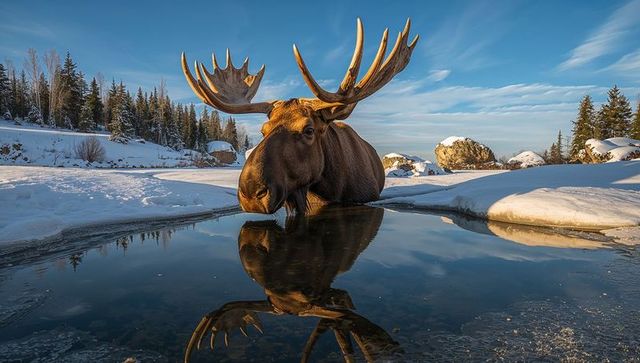 Bull moose wading in winter stream reflecting antlers at golden hour