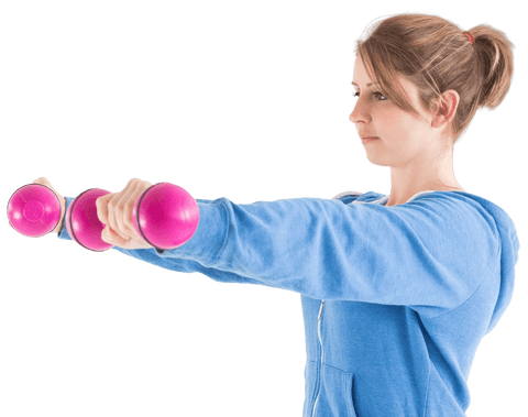 Woman in blue hoodie exercising with pink dumbbells on transparent background