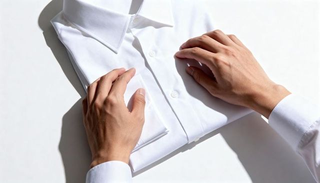 Smoothing and adjusting folded white dress shirt with strong shadows minimal flatlay